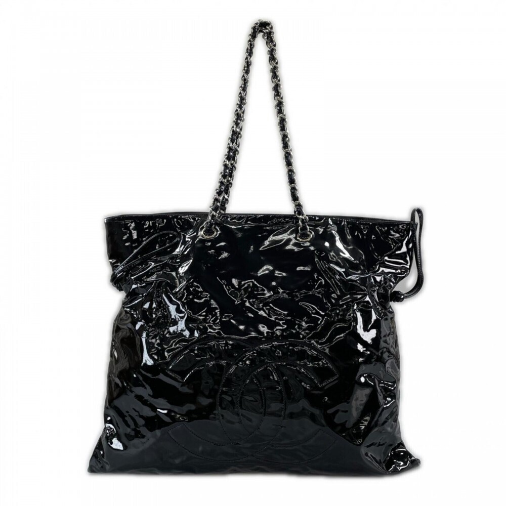 Chanel Tote Bag for Women, Pom-Pom Chain Tote, CHANEL Patent Leather, Black, ...